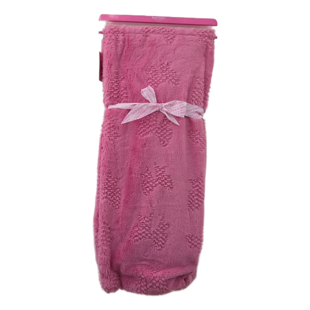 Juicy Couture Home Barbie Pink Bow Jacquard Faux Fur Throw Blanket